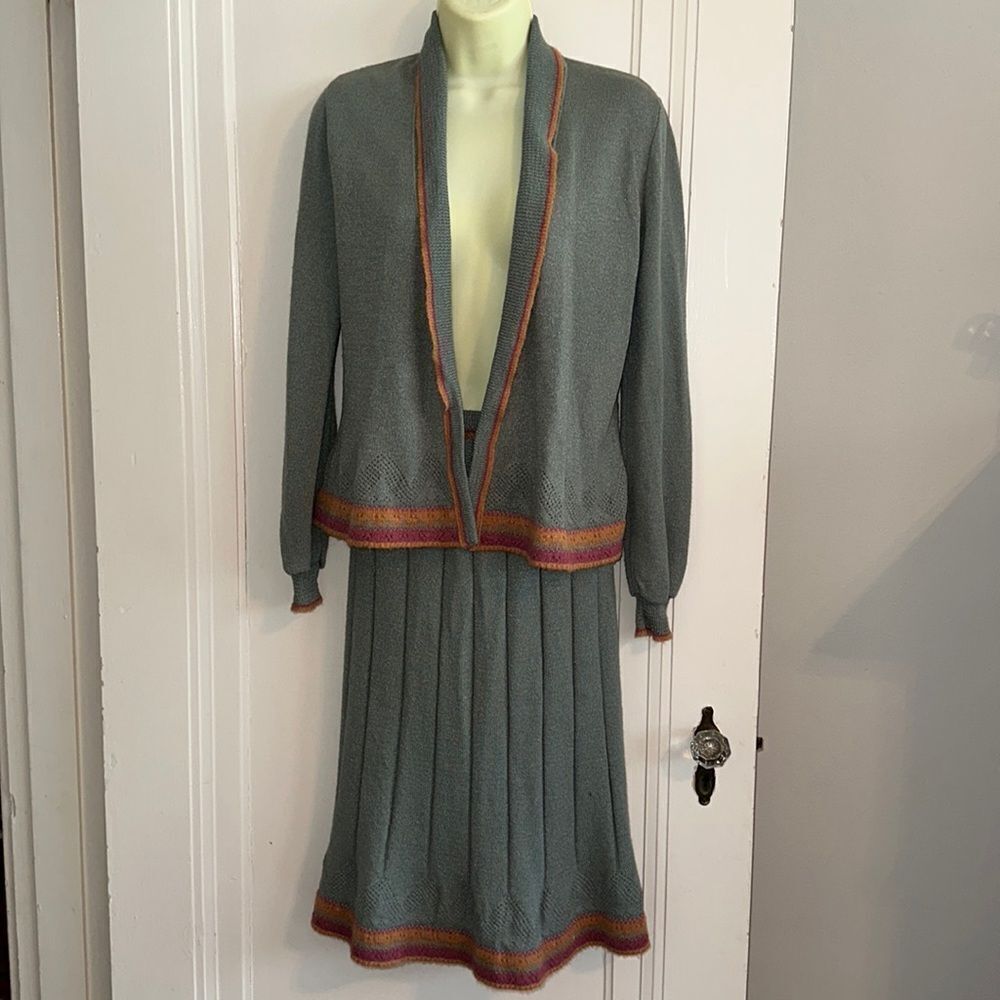 Vtg 70s/80s Venice brand green orange & pink open front sweater & skirt outfit